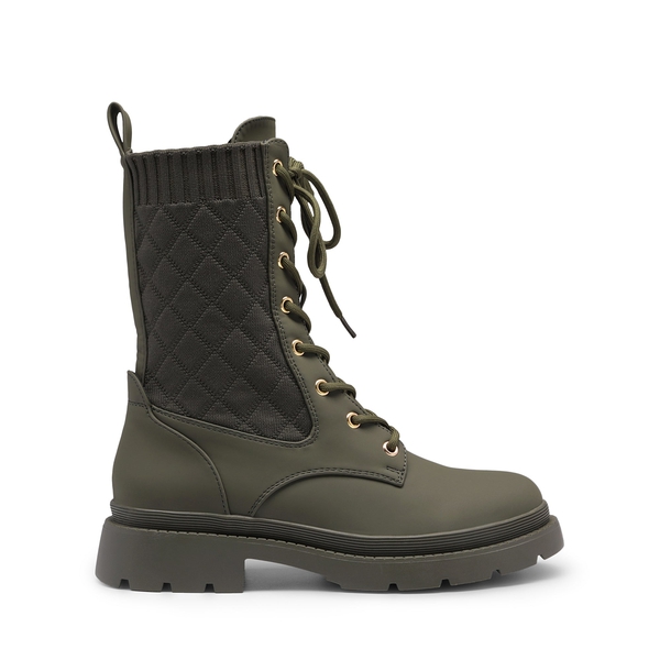 Knitted Leather Combat Ankle Boots - DARK GREEN - 2